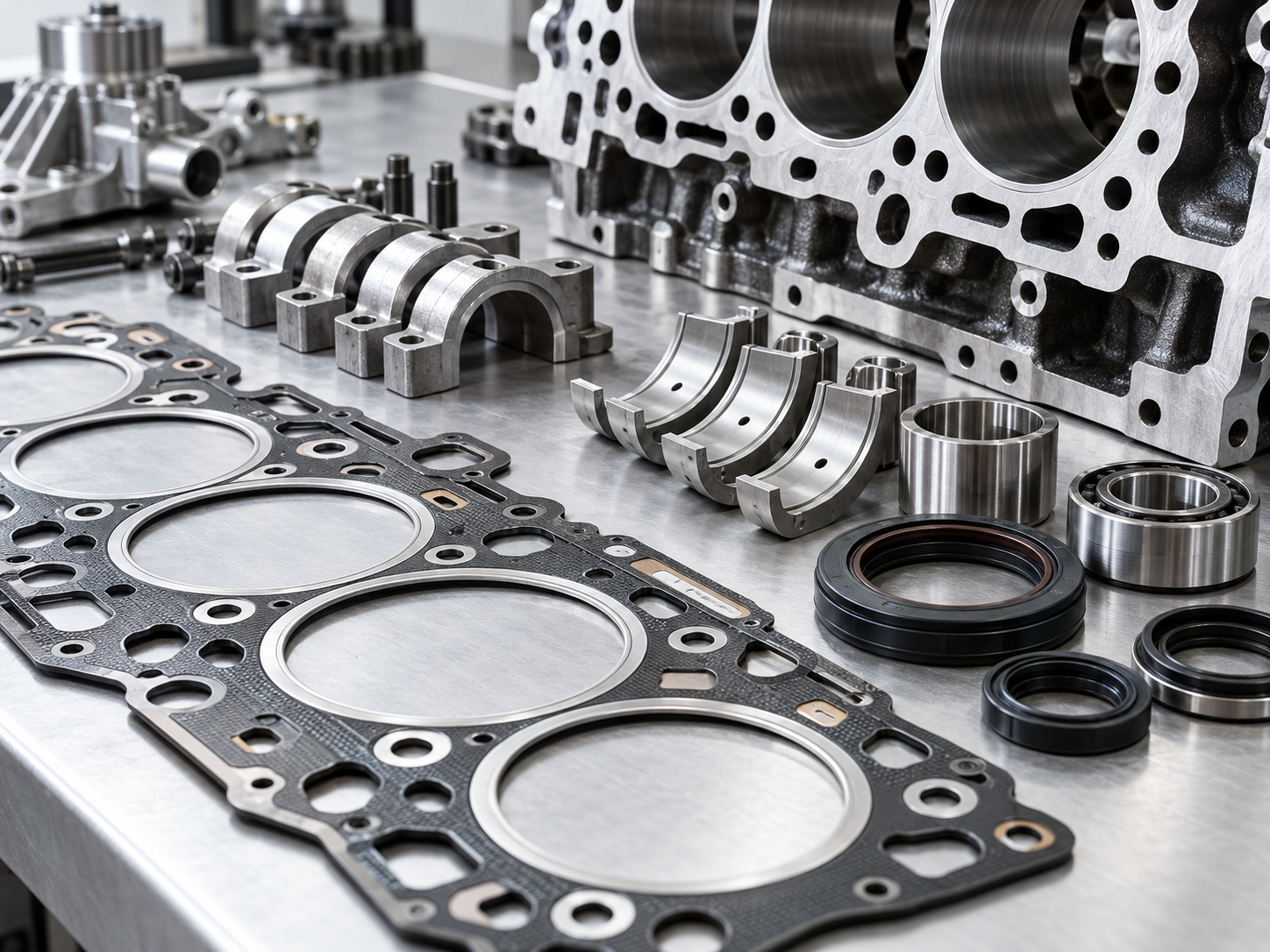 Engine gaskets and components arranged on a workbench